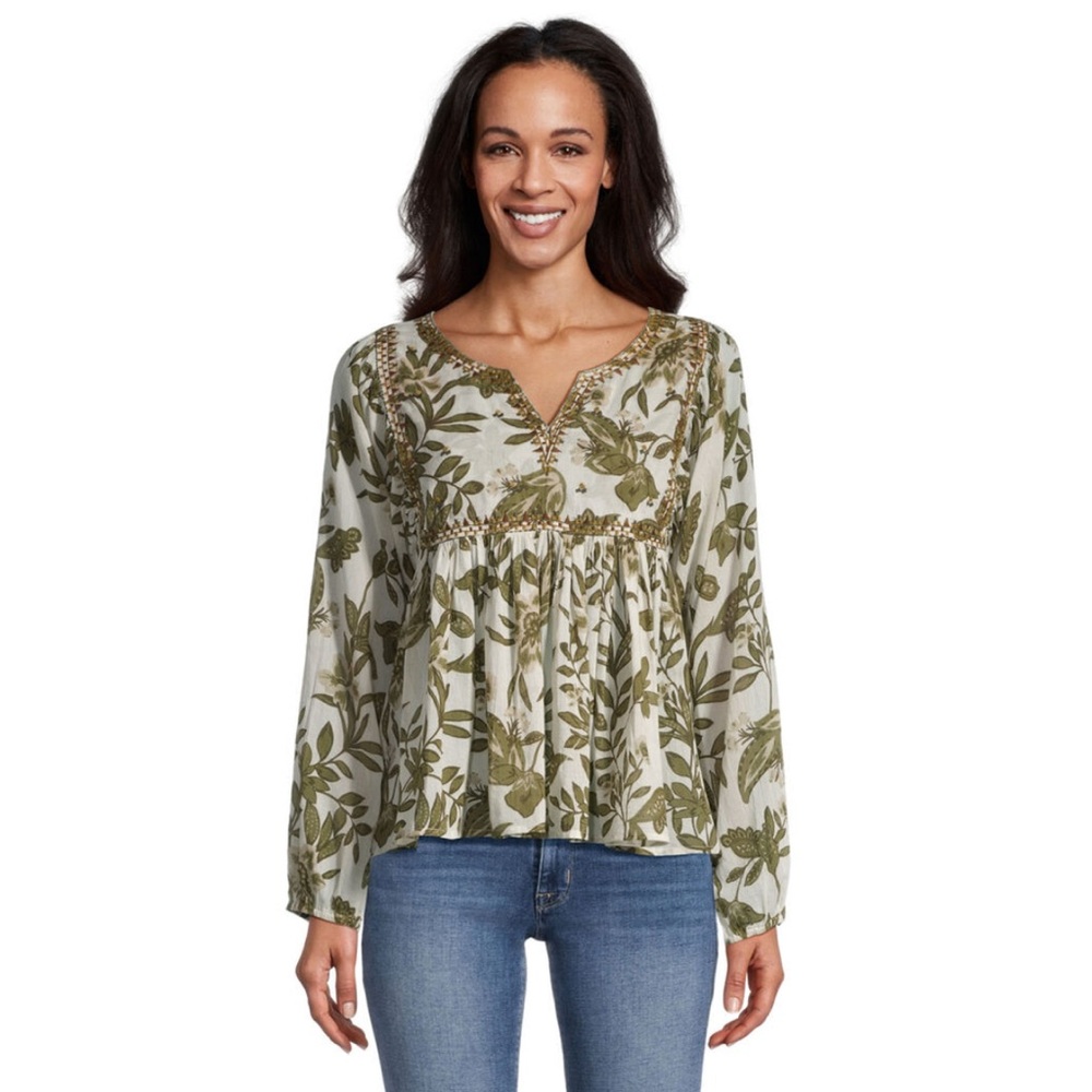 World Market Stella Green & Ivory Embroidered Floral Blouse Cottagecore Boho NWT